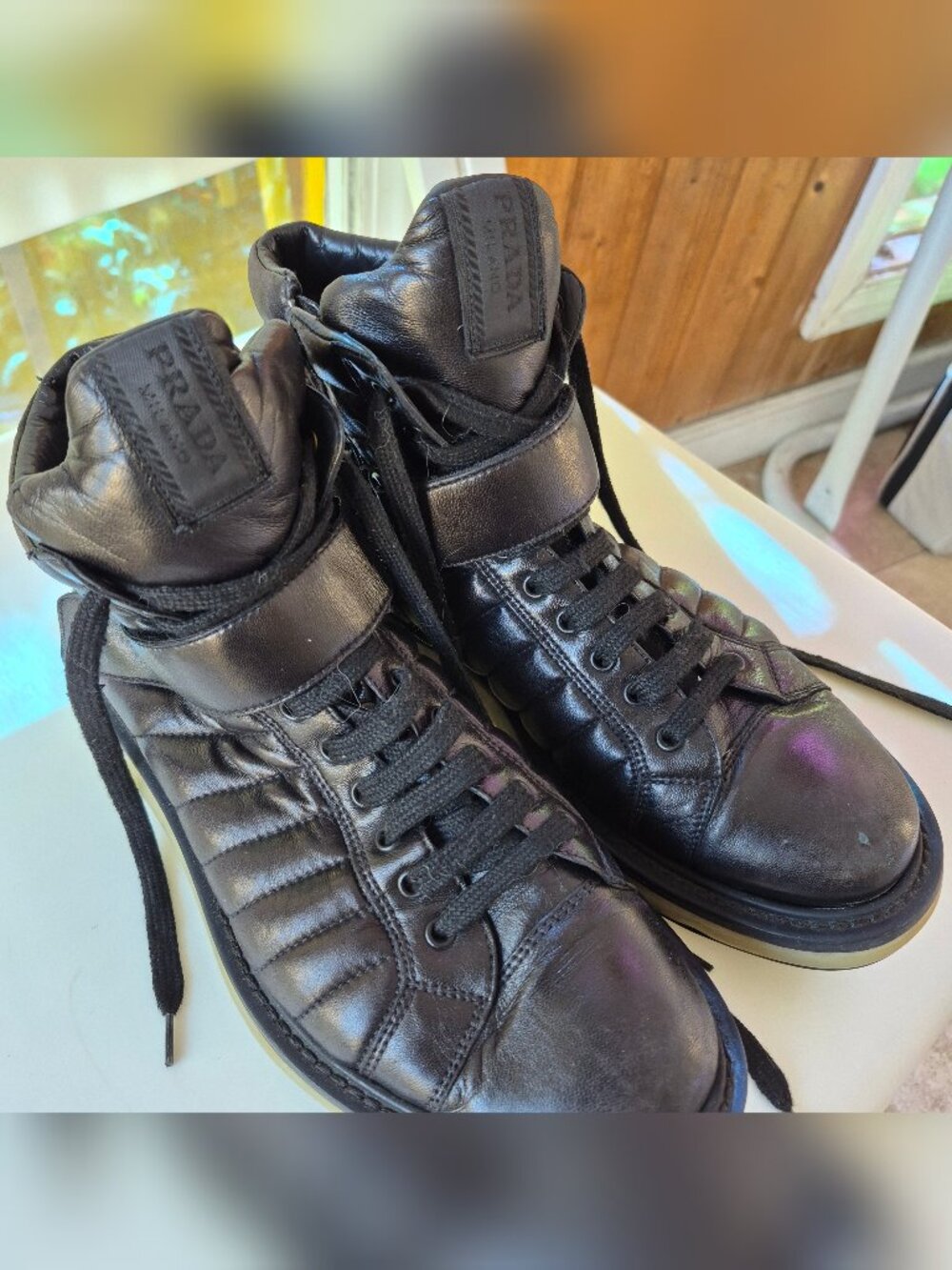 Rare Vintage Prada Black Leather High Top Zip Lace Sneaker M 7.5 - Picture 2 of 7